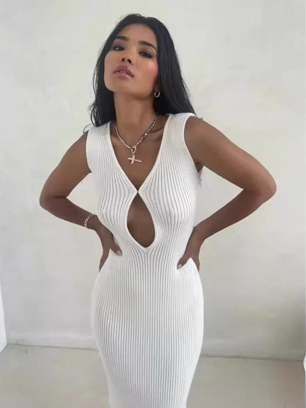 New women’s solid color pullover V-neck sleeveless sexy hollow slit dress - White / S