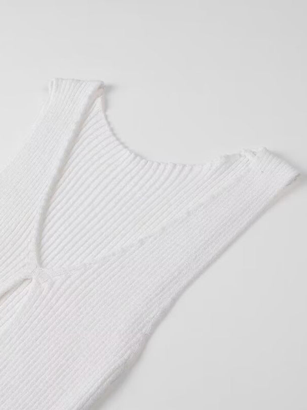 New women’s solid color pullover V-neck sleeveless sexy hollow slit dress