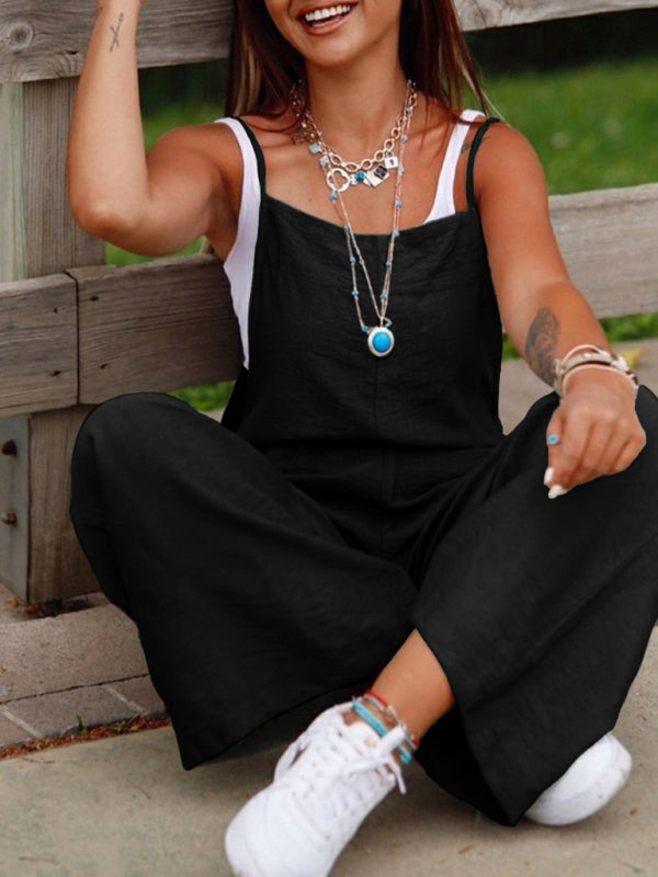 New women’s solid color suspender jumpsuit wide leg pants - Black / S