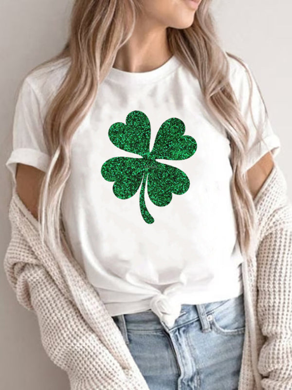New Women’s St. Patrick’s Day Casual Clover Graphic Print T-Shirt (Multiple Pictures Available) - Olive green / S