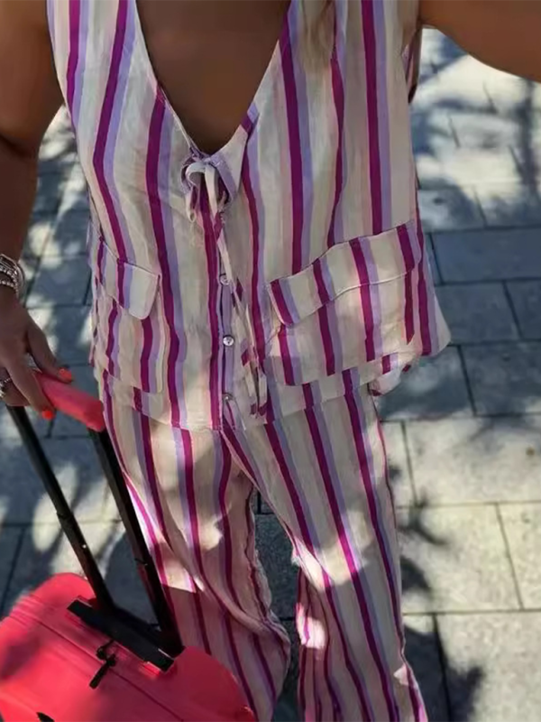 New women’s striped printed strappy vest and trousers set - Purplish red / S