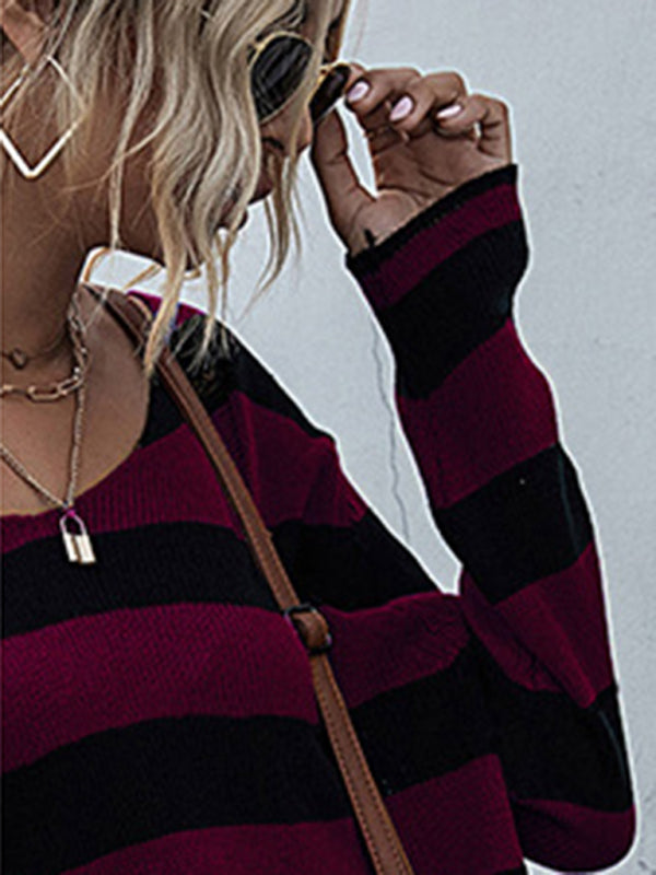 New women’s striped v-neck loose short knitted bottoming sweater