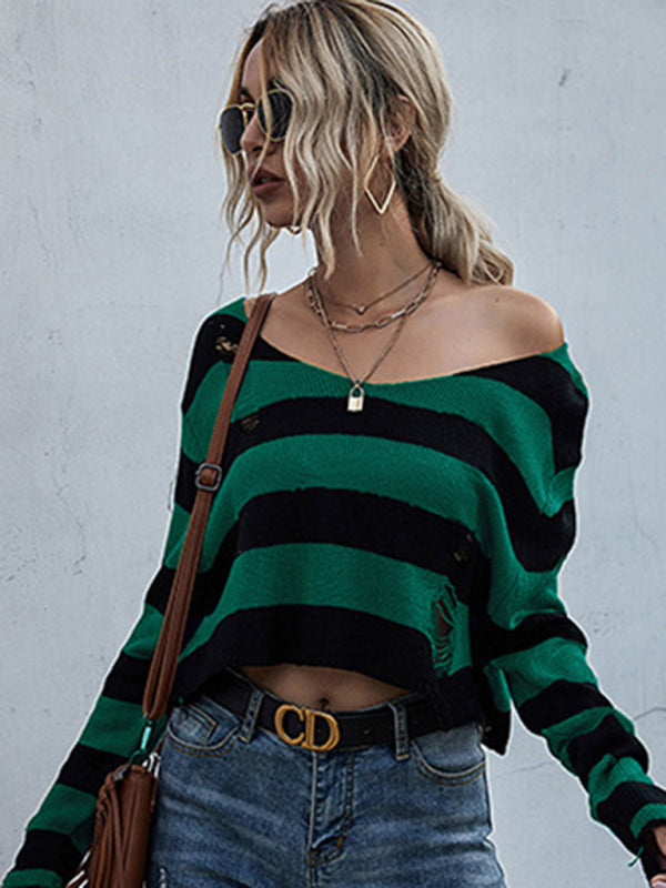 New women’s striped v-neck loose short knitted bottoming sweater