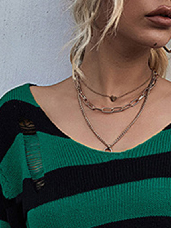 New women’s striped v-neck loose short knitted bottoming sweater