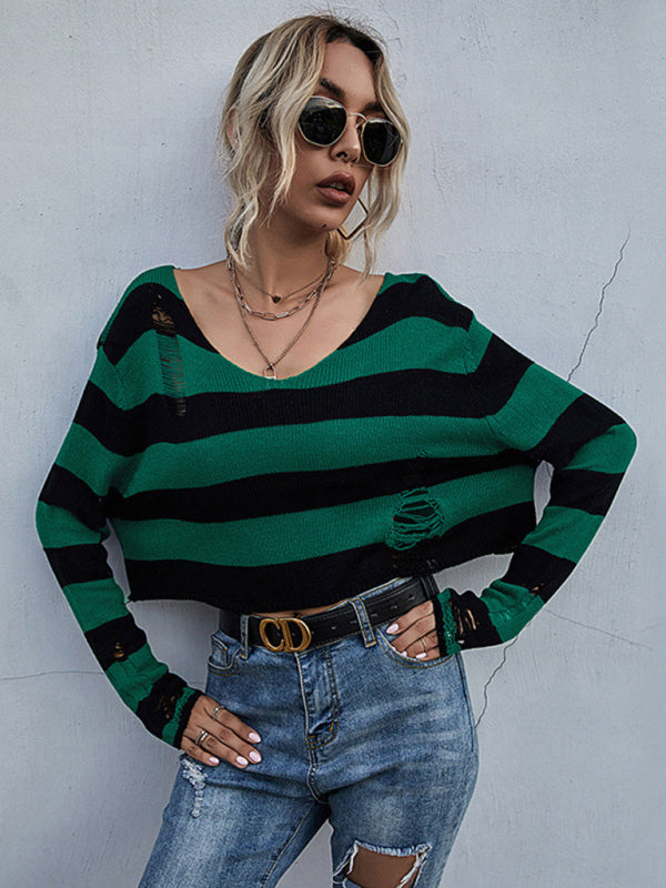 New women’s striped v-neck loose short knitted bottoming sweater - Green / S