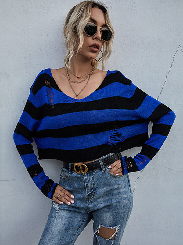 New women’s striped v-neck loose short knitted bottoming sweater - Blue / S