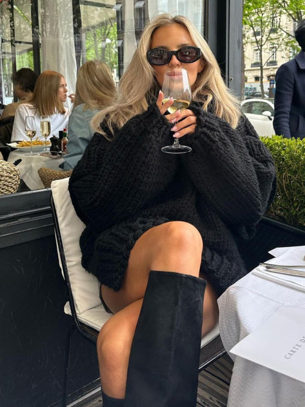 New women’s sweater pullover fluffy long sleeve turtleneck sweater - Black / S