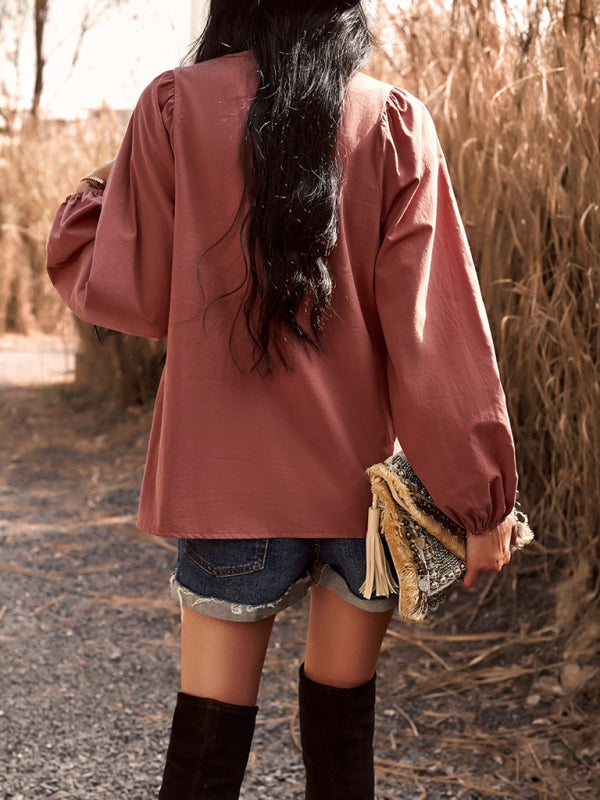 New women’s temperament commuting solid color V-neck long-sleeved top