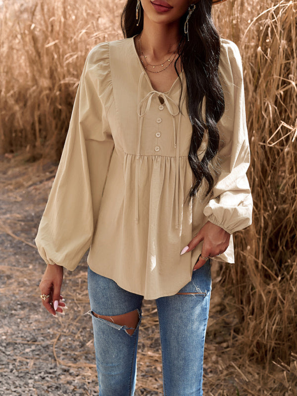 New women’s temperament commuting solid color V-neck long-sleeved top