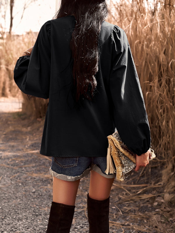 New women’s temperament commuting solid color V-neck long-sleeved top