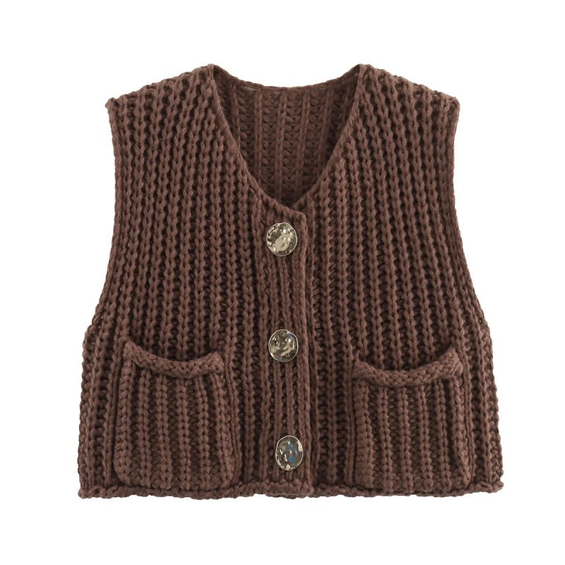 New women’s thick needle knitted vest - Brown / S