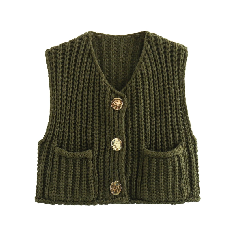 New women’s thick needle knitted vest - Olive green / S