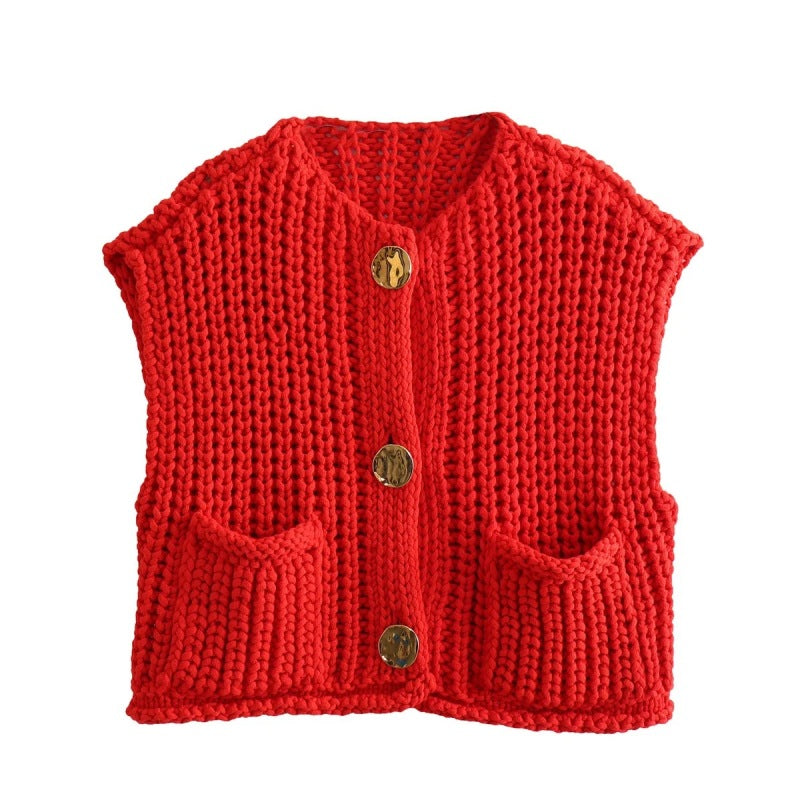 New women’s thick needle knitted vest - Red / S