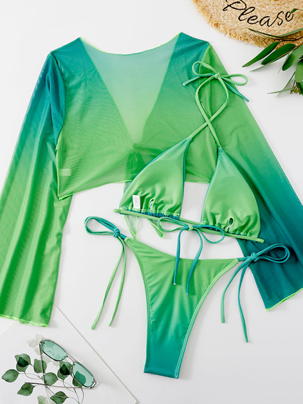 New women’s three-piece bikini mesh shawl split swimsuit high waist bikini - Green / S