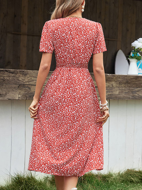 New women’s v-neck floral slit short-sleeved dress