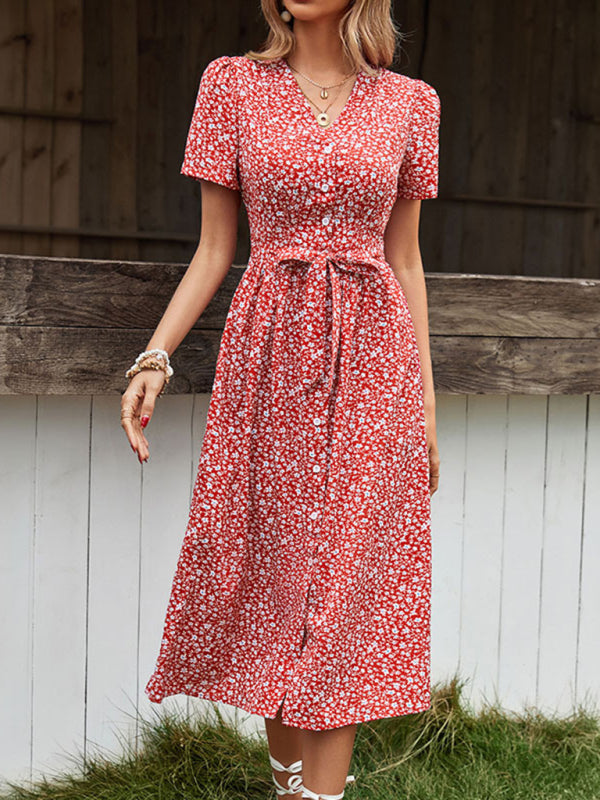 New women’s v-neck floral slit short-sleeved dress