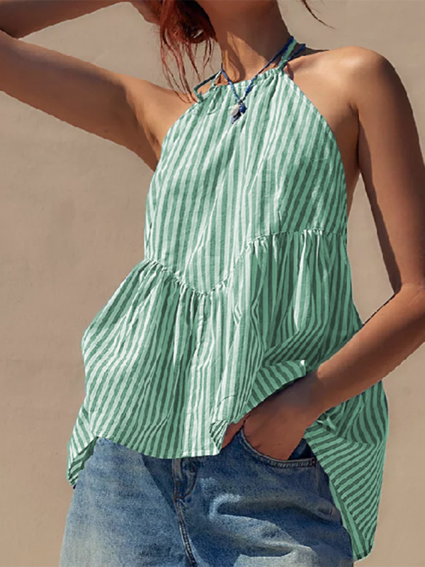 New Y2K fashion women’s striped strappy backless sexy hot top - Green / S