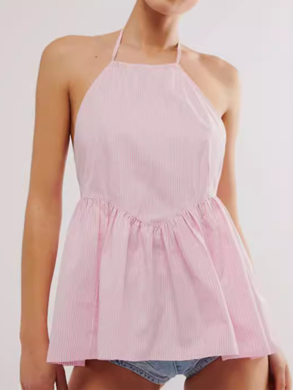 New Y2K fashion women’s striped strappy backless sexy hot top - Pink / S