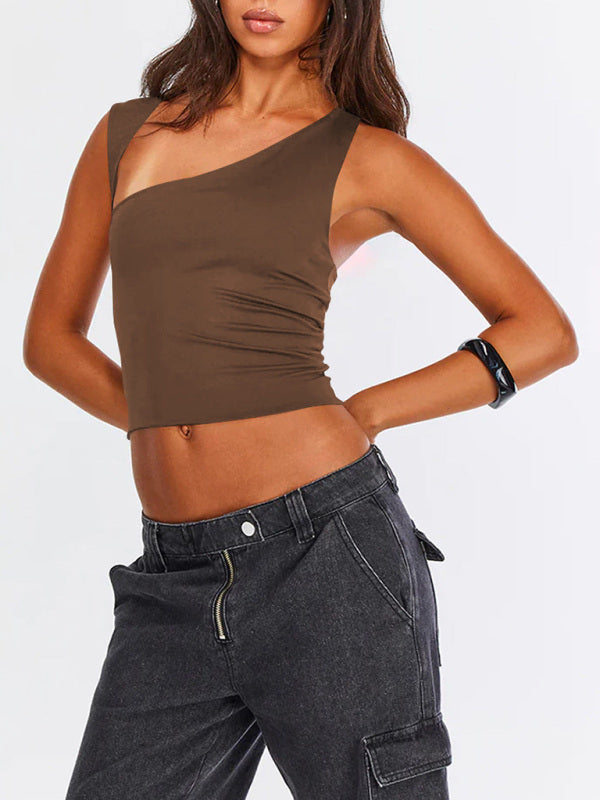New Y2K irregular neckline top sexy backless slim vest - Coffee / XS