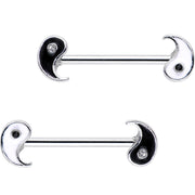 14G 18mm Clear Black Gem Yin Yang Barbell Nipple Ring Set