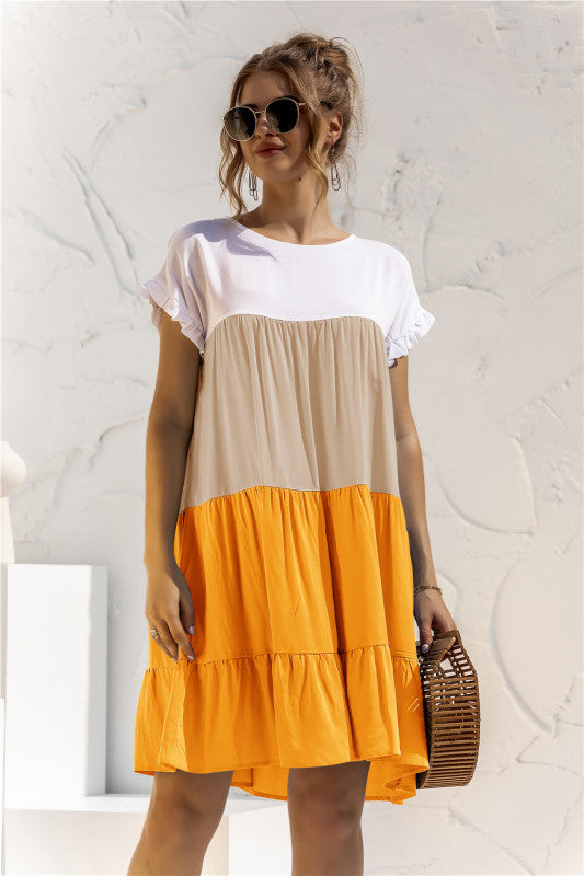 Robe-chemise bébé ample à manches courtes et blocs de couleur pour femme 