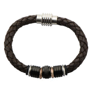 Mens Stainless Steel Beads in Brown Braided Leather 9.5mm Bracelet