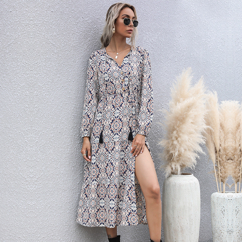 Robe midi à manches longues imprimée géométrique 