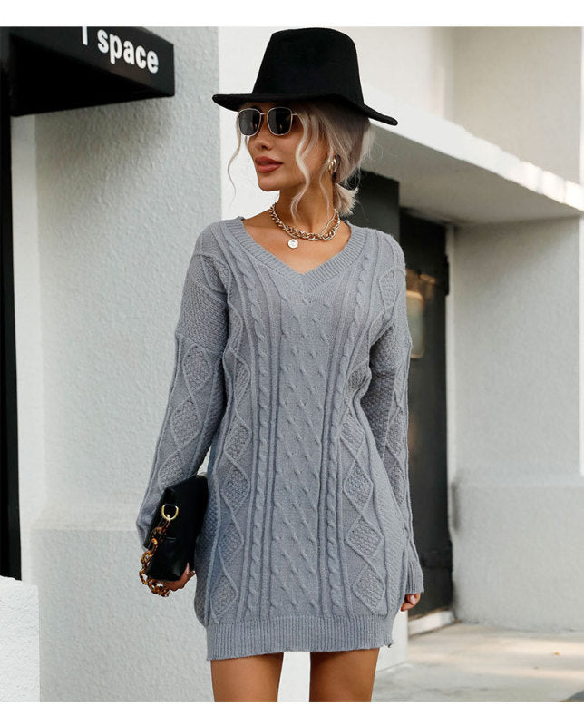 Casual Solid Color Long Sleeve V-Neck Grey Sweater Dress - Closther