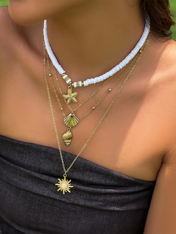 Ocean-style shell conch tassel multi-layer necklace stacked soft clay starfish necklace