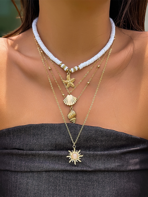 Ocean-style shell conch tassel multi-layer necklace stacked soft clay starfish necklace - Pattern1 / FREESIZE