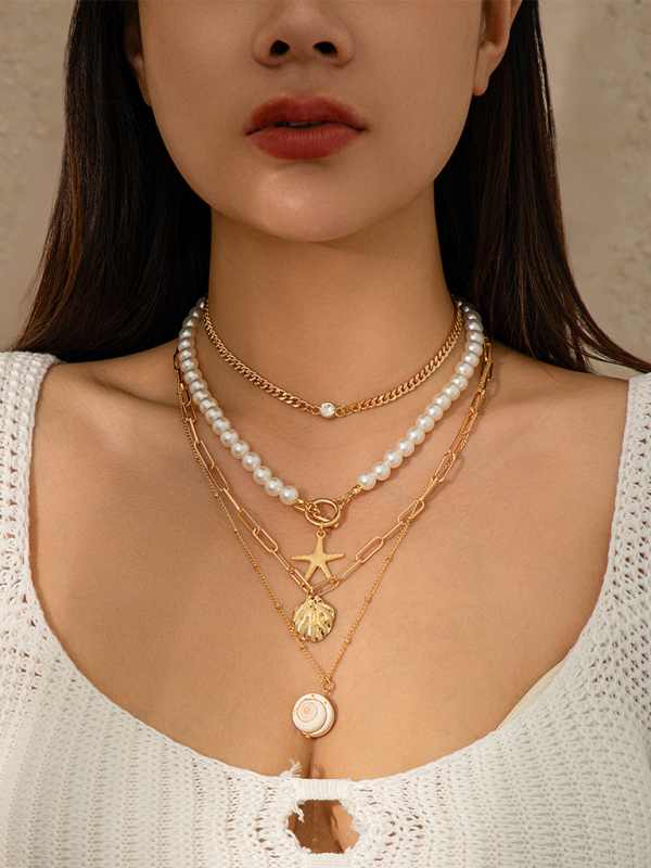 Ocean-style shell conch tassel multi-layer necklace stacked soft clay starfish necklace