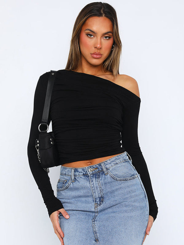 Off-shoulder long-sleeved gathered midriff-baring knit top - Black / S
