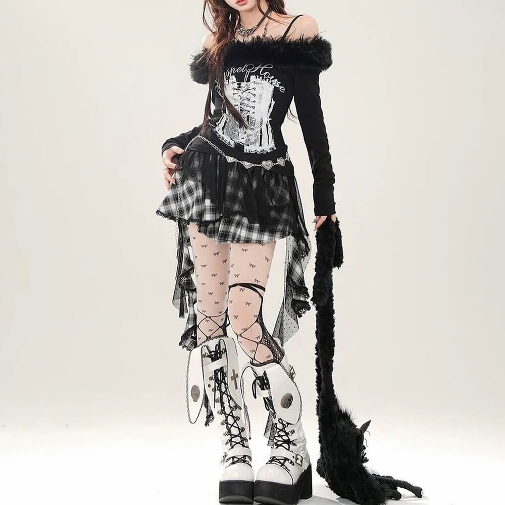 OFF SHOULDER TOP Y2K CORSET PRINT FUR TRIM