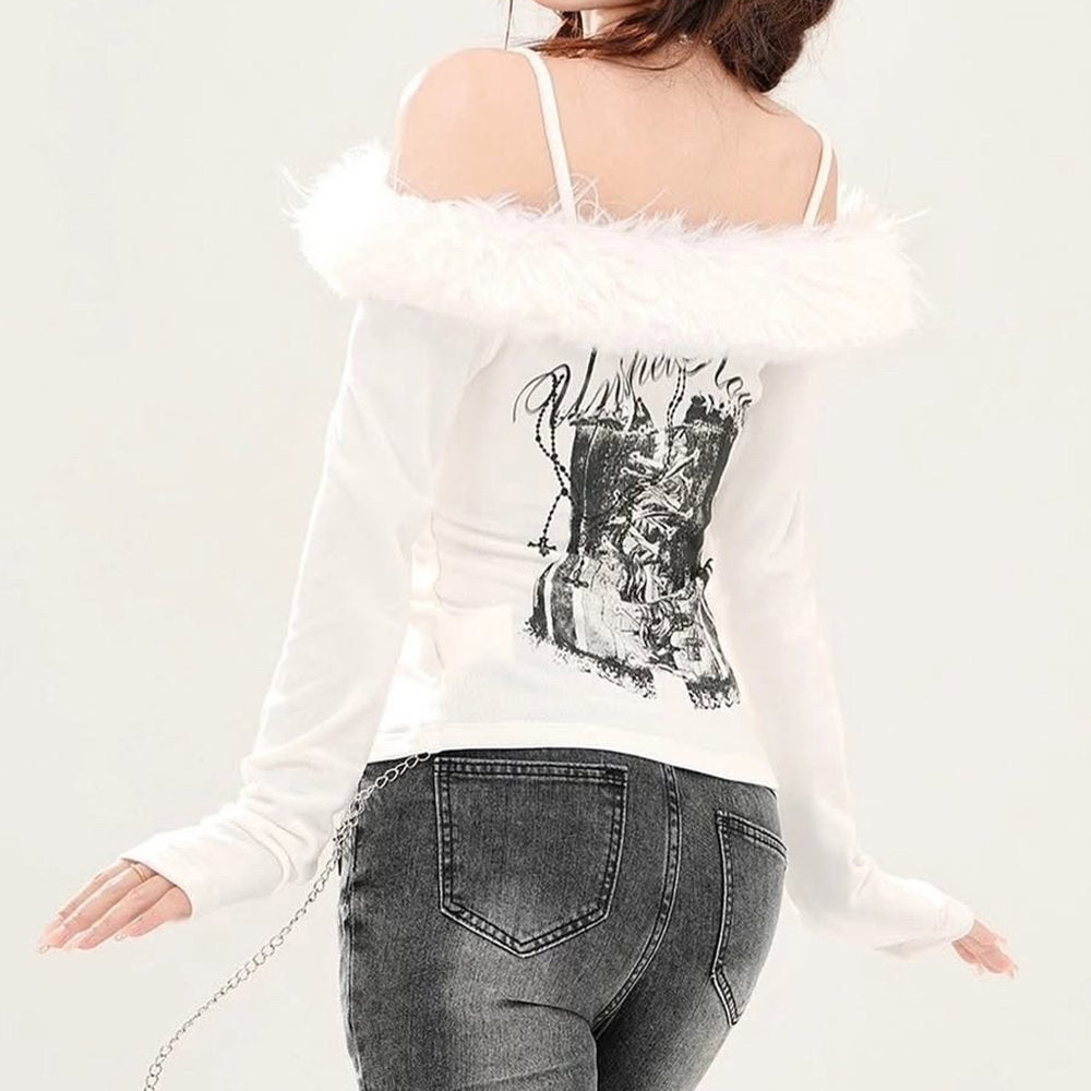OFF SHOULDER TOP Y2K CORSET PRINT FUR TRIM