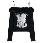 OFF SHOULDER TOP Y2K CORSET PRINT FUR TRIM