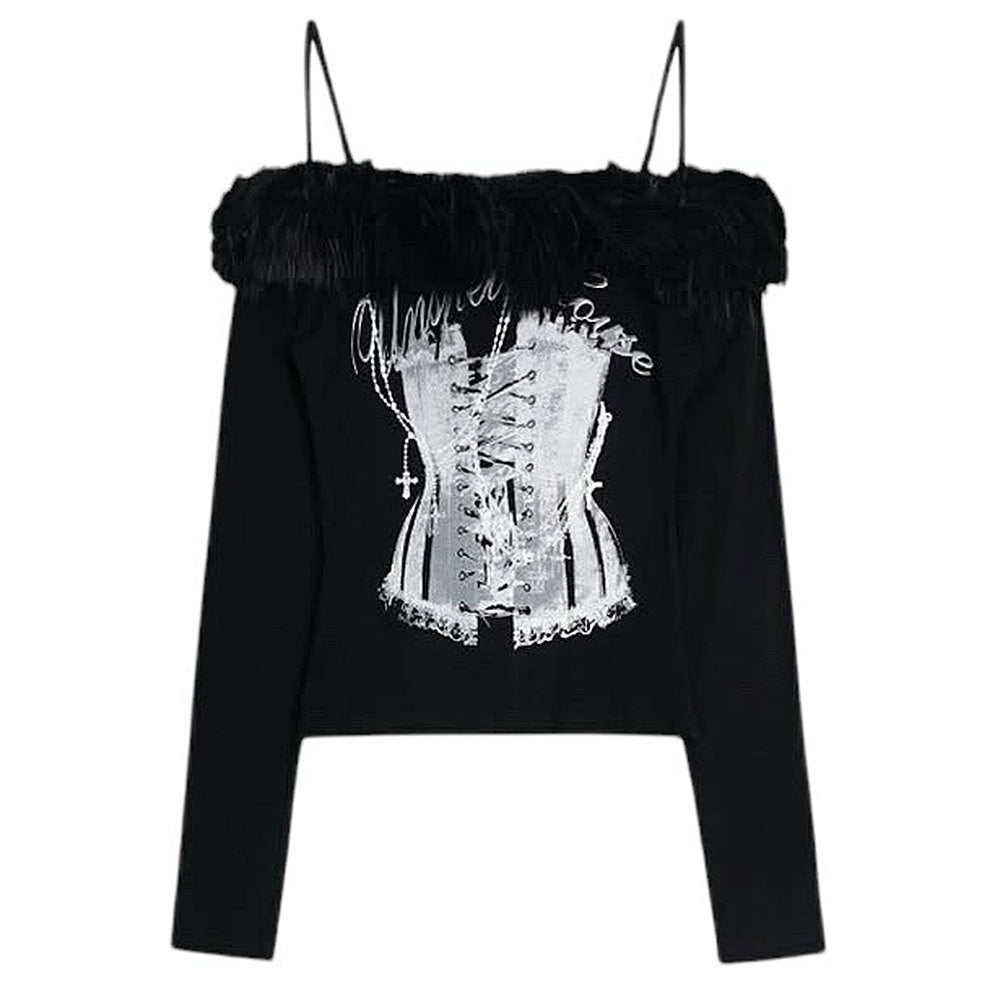 OFF SHOULDER TOP Y2K CORSET PRINT FUR TRIM