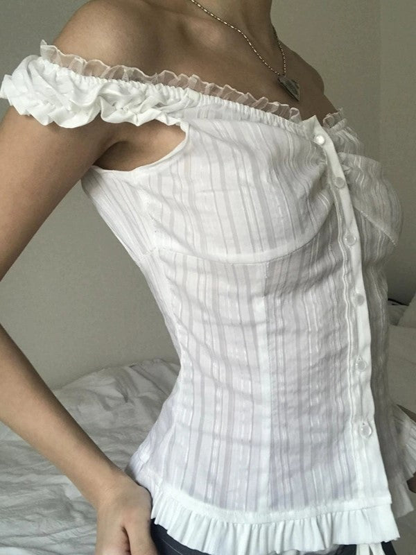 OFF-THE-SHOULDER BUTTON-DOWN BLOUSE WITH VINTAGE-INSPIRED LACE ACCENTS