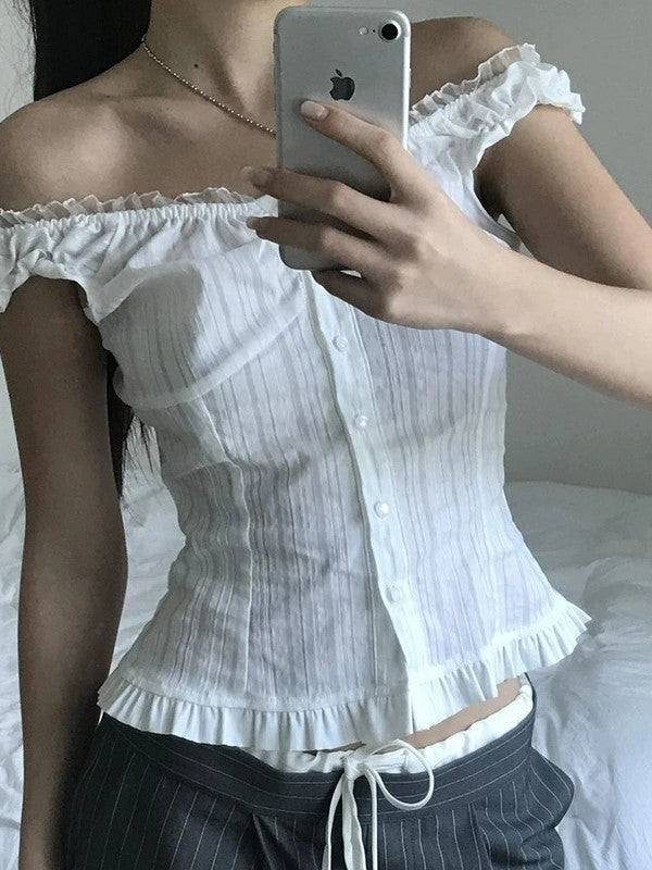 OFF-THE-SHOULDER BUTTON-DOWN BLOUSE WITH VINTAGE-INSPIRED LACE ACCENTS