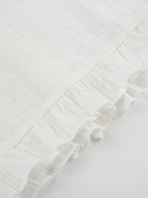 OFF-THE-SHOULDER BUTTON-DOWN BLOUSE WITH VINTAGE-INSPIRED LACE ACCENTS