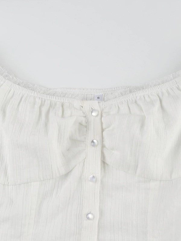 OFF-THE-SHOULDER BUTTON-DOWN BLOUSE WITH VINTAGE-INSPIRED LACE ACCENTS