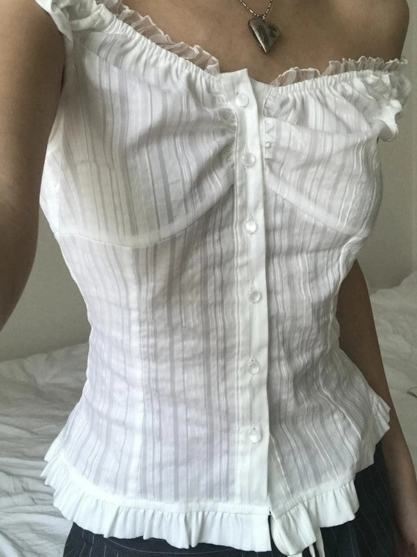 OFF-THE-SHOULDER BUTTON-DOWN BLOUSE WITH VINTAGE-INSPIRED LACE ACCENTS