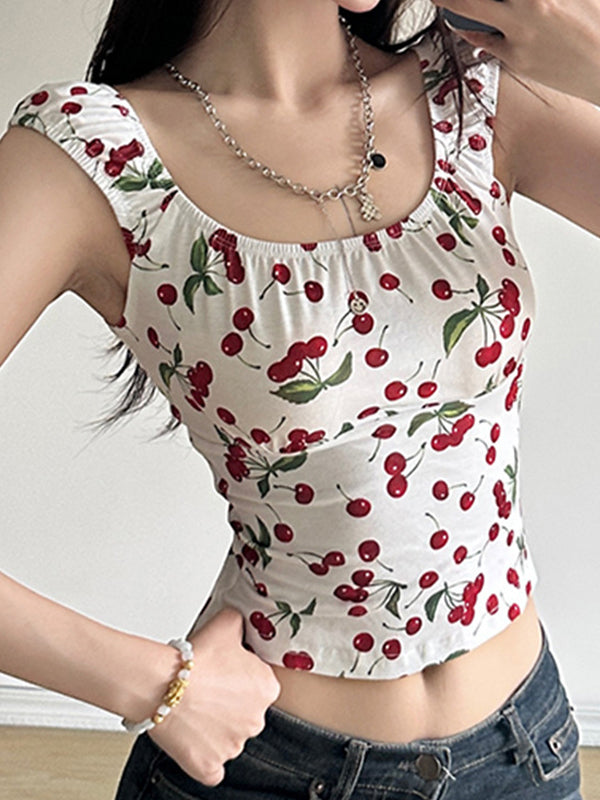 OFF-THE-SHOULDER CHERRY-PATTERNED TOP Y2K SLIM FIT DESIGN