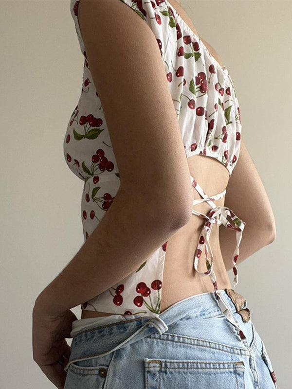 OFF-THE-SHOULDER CHERRY-PATTERNED TOP Y2K SLIM FIT DESIGN