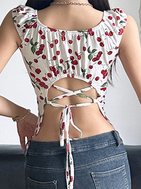 OFF-THE-SHOULDER CHERRY-PATTERNED TOP Y2K SLIM FIT DESIGN