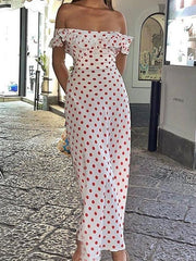 OFF-THE-SHOULDER DRESS WITH RED POLKA DOTS - POLKA DOT DRESS