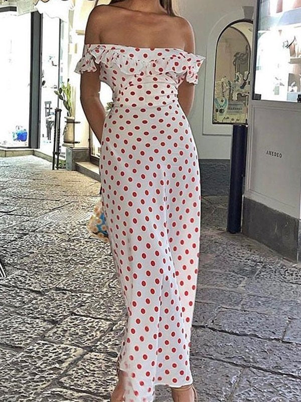 OFF-THE-SHOULDER DRESS WITH RED POLKA DOTS - POLKA DOT DRESS