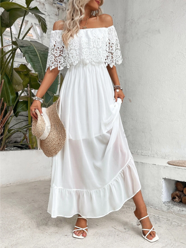 Off-the-shoulder guipure lace paneled ruffle hem dress - White / S