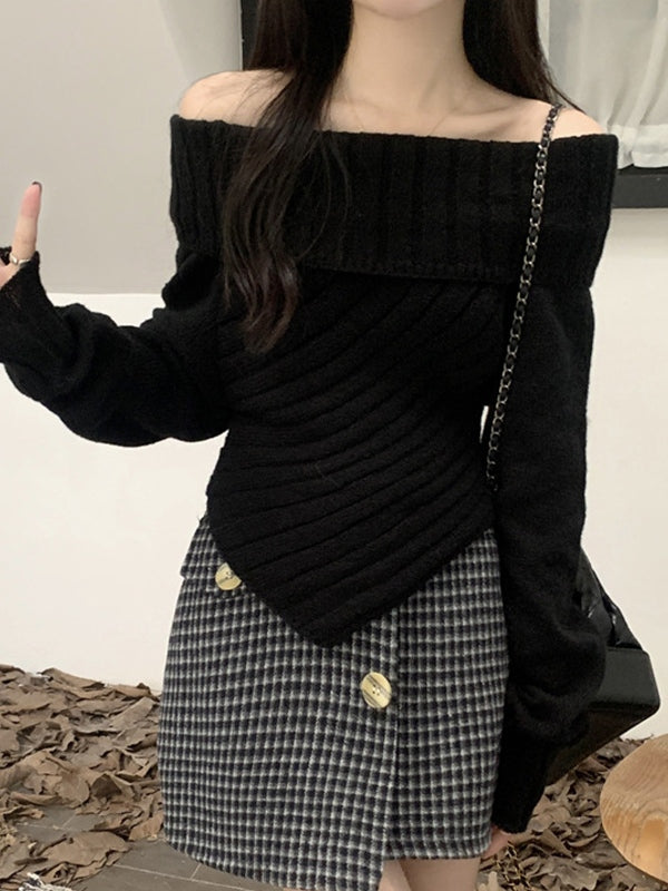 OFF-THE-SHOULDER KNIT SWEATER WITH ASYMMETRICAL HEM - SLIM FIT LONG SLEEVE