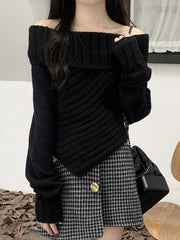 OFF-THE-SHOULDER KNIT SWEATER WITH ASYMMETRICAL HEM - SLIM FIT LONG SLEEVE