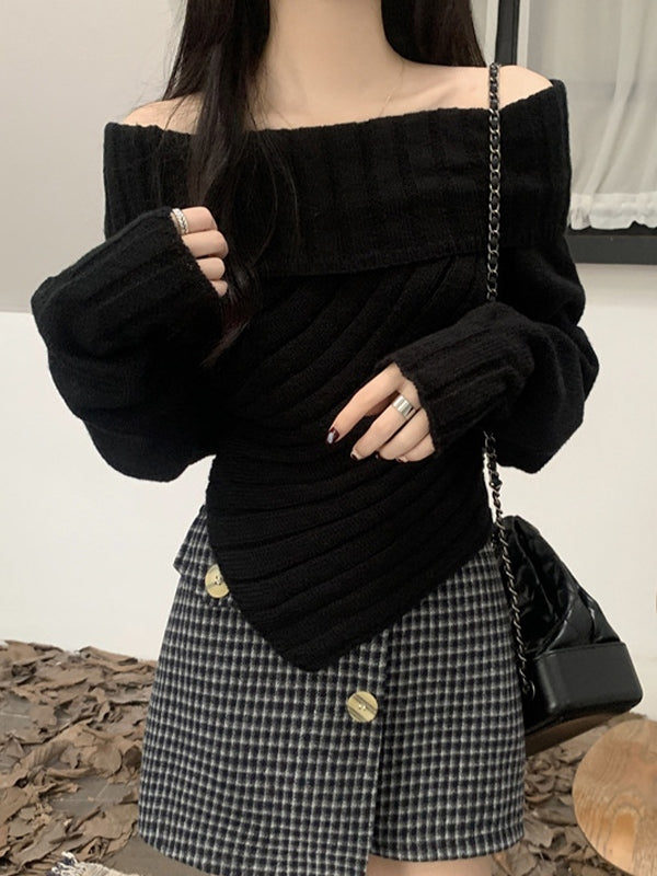 OFF-THE-SHOULDER KNIT SWEATER WITH ASYMMETRICAL HEM - SLIM FIT LONG SLEEVE